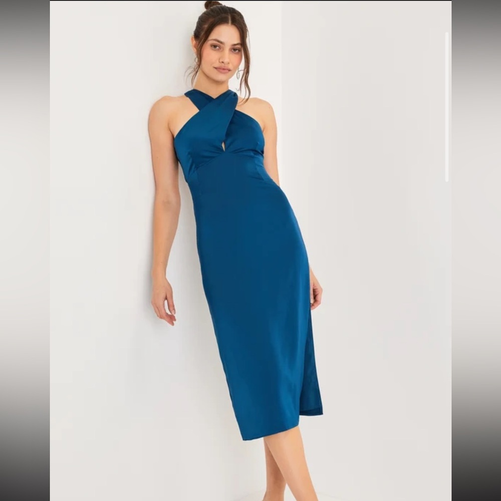 NWT teal blue lulus satin dress wedding guest satin dress